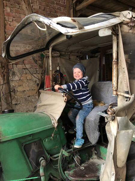 Henri auf Traktor
